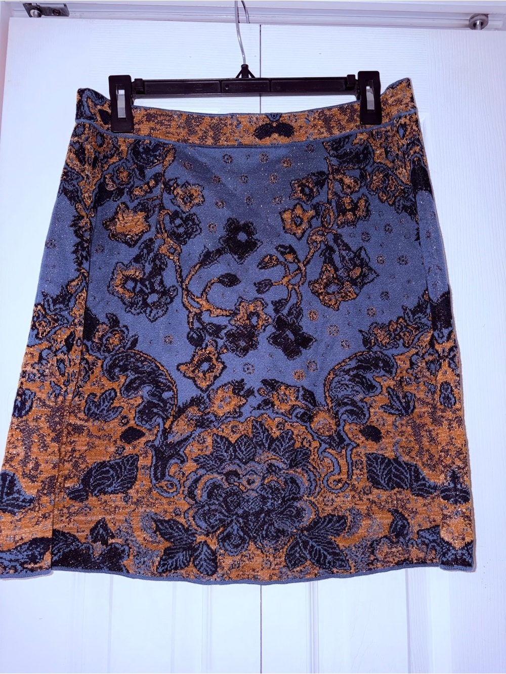 Peruvian Connection Knit A-Line Skirt Blue Gold Floral Jacquard Tapestry Size LG - Picture 2 of 4